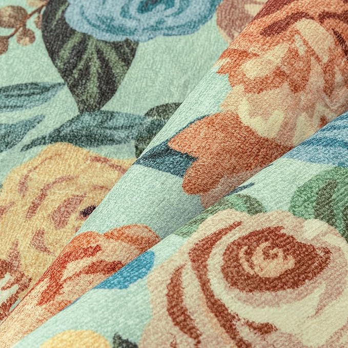 Washable Floral Area Rug 2x3 Green Small Entryway Carpet Scalloped Flower Non Slip Soft Entrance Door Mat Farmhouse Low Pile Indoor Thin Floor Cover for Bathroom Kitchen Bedroom Laundry Room