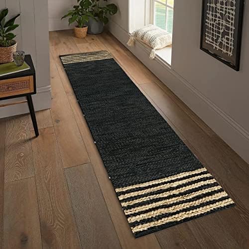 GRUHUM Jute Runner Rugs 2'6"x14' ft Natural Fibre Black Rectangular Leather Handwoven Boho Farmhouse Braided Rustic Vintage Eco Friendly Jute Area Rug Kitchen Livingroom Bedroom Hallways Enterways