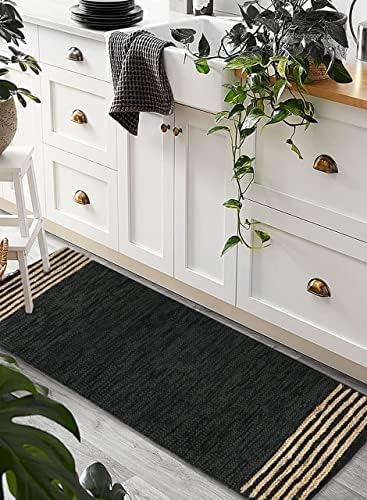 GRUHUM Jute Runner Rug 2'6"x12' ft Natural Fibre Black Rectangular Jute Area Rug Leather Handwoven Boho Farmhouse Braided Rustic Vintage Eco Friendly Rug Kitchen Livingroom Bedroom Hallways Enterways