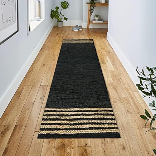 GRUHUM Jute Runner Rug 2'6"x12' ft Natural Fibre Black Rectangular Jute Area Rug Leather Handwoven Boho Farmhouse Braided Rustic Vintage Eco Friendly Rug Kitchen Livingroom Bedroom Hallways Enterways