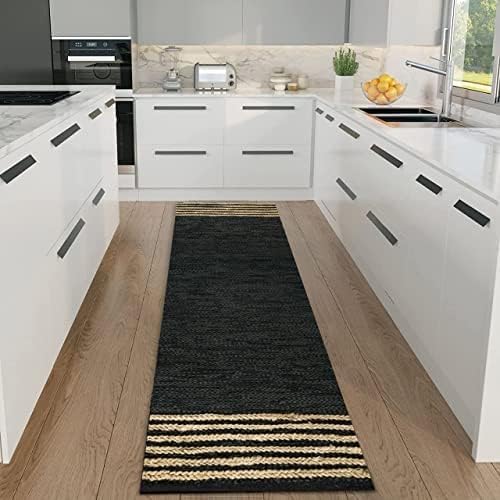 GRUHUM Jute Runner Rug 2'6"x12' ft Natural Fibre Black Rectangular Jute Area Rug Leather Handwoven Boho Farmhouse Braided Rustic Vintage Eco Friendly Rug Kitchen Livingroom Bedroom Hallways Enterways