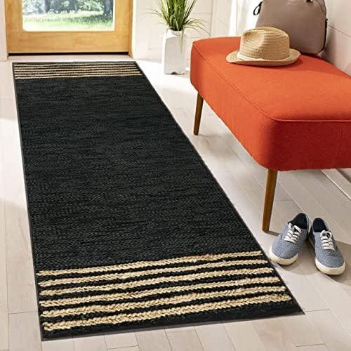 GRUHUM Jute Runner Rugs 2'6"x14' ft Natural Fibre Black Rectangular Leather Handwoven Boho Farmhouse Braided Rustic Vintage Eco Friendly Jute Area Rug Kitchen Livingroom Bedroom Hallways Enterways