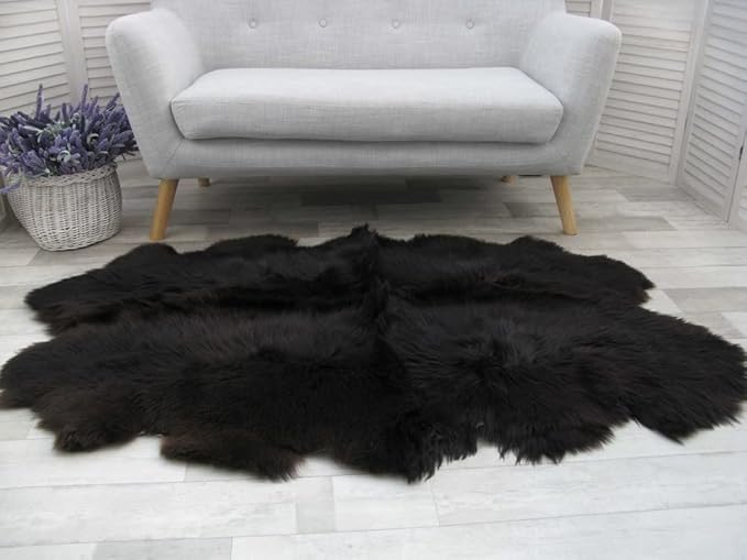 HUAHOO Premium Genuine Sheepskin Rug Black Real Australia Sheepskin Natural Luxury Fluffy Lambskin Fur Area Rug Seat Covers for Kids Bedroom Sofa Chair Cover Pets Dogs Mat Quarto Pelt/4' x 6' Black