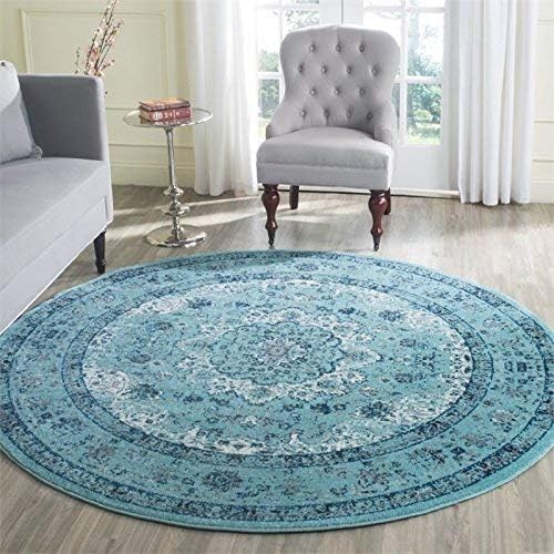 SAFAVIEH Evoke Collection 6'7" Round Light Blue / Light Blue EVK220E Shabby Chic Oriental Medallion Non-Shedding Dining Room Entryway Foyer Living Room Bedroom Area Rug