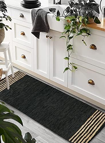 GRUHUM Jute Runner Rug 2'6"x4' ft Natural Fibre Black Rectangular Jute Area Rug Leather Handwoven Boho Farmhouse Braided Rustic Vintage EcoFriendly Rug Kitchen Livingroom Bedroom Hallways Enterways