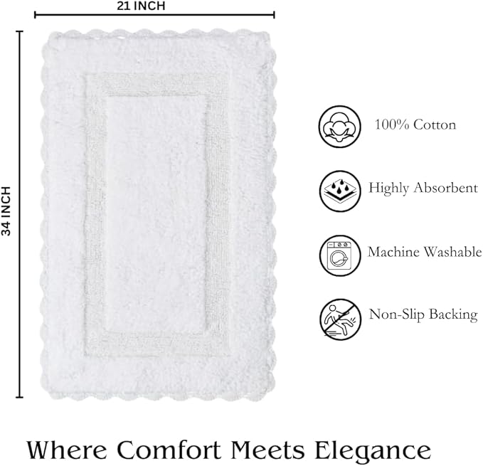 Cotton Crochet Bathmat with Antiskid 21x34 White, 100% Pure Cotton, Super Soft White, Plush & Absorbent, Hand Tufted Heavy Weight Construction, Full Reversible Step Out Rugs