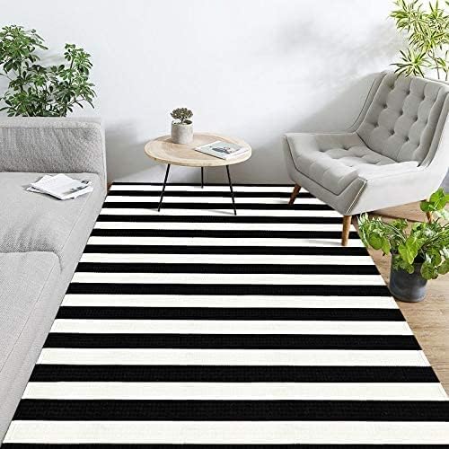 Seavish Black and White Striped Rug, 4’x6’ Indoor Outdoor Patio Rugs, Handmade Woven Farmhouse Front Porch Rugs, Machine Washable Modern Cotton Area Rugs for Living Room Entryway Dorm Apartment