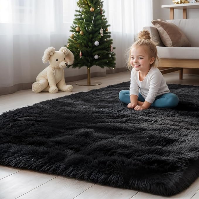 Zentavio Black Area Rugs for Living Room Bedroom 5x8 Large Men Room Carpet Fluffy Furry Shag Aesthetic Plush High Pile Floor Rug for Nursery Kids Room Dorm Home Decor