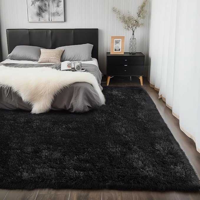 Zentavio Black Area Rugs for Living Room Bedroom 9x12 Large Men Room Carpet Fluffy Furry Shag Aesthetic Plush High Pile Floor Rug for Nursery Kids Room Dorm Home Decor