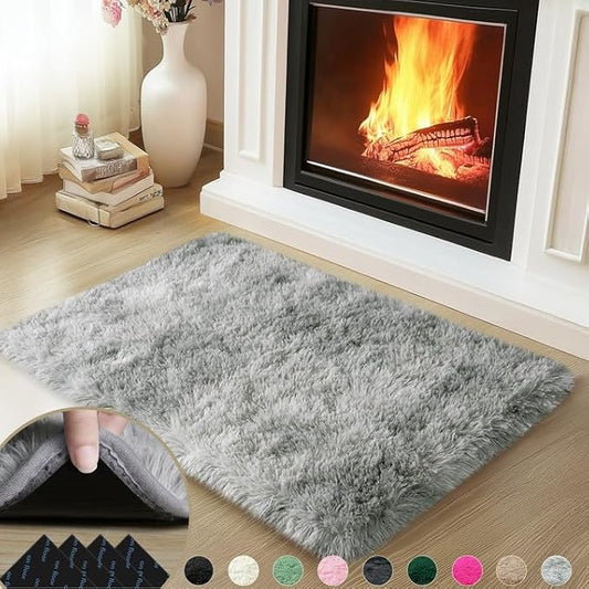 2x3 Rugs for Bedroom, Fluffy Area Rugs for Living Room, Soft Shag Kids Rug Small Carpet with 4 Non-Slip Rug Pads (Grey Tie-Dyed, 2ft x 3ft)