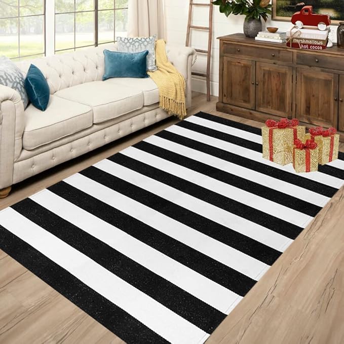 Seavish Black and White Striped Rug, 5x7 ft Living Room Rugs Farmhouse Cotton Woven Washable Area Rug Indoor Outdoor Patio Rugs Large Modern Floor Carpet Area Rug for Entryway Porch Dining Room