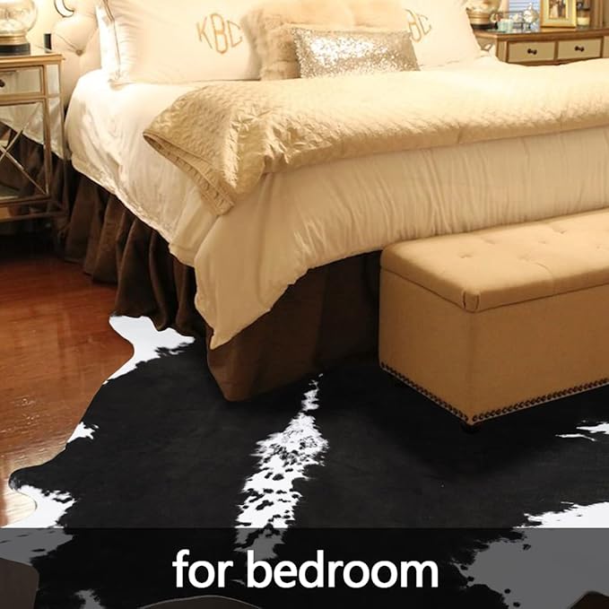 AROGAN 8x10 Feet Faux Cowhide Area Rugs for Living Room, Animal Skins Cow Hide Rug for Bedroom, Cool Western Christmas Decor, Thin Leather Cow Hide Carpets Fireplace Rug, Black