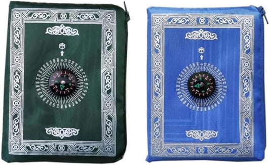 2-Piece Travel Prayer Mat, 60cm*100cm Portable, Waterproof, Compass Design, Green, Blue