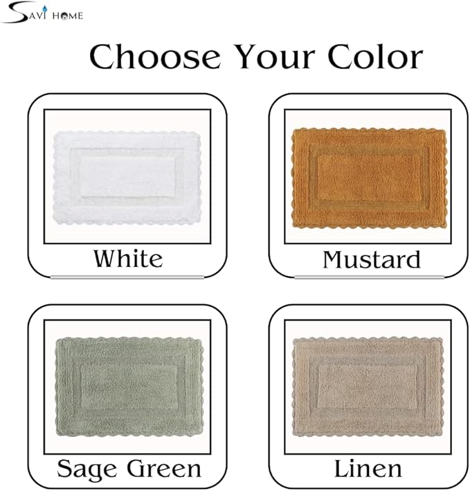 Cotton Crochet Bathmat with Antiskid 17x24 Sage Green, 100% Pure Cotton, Super Soft White, Plush & Absorbent, Hand Tufted Heavy Weight Construction, Full Reversible Step Out Rugs