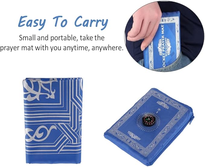2-Piece Travel Prayer Mat, 60cm*100cm Portable, Waterproof, Compass Design, Green, Blue