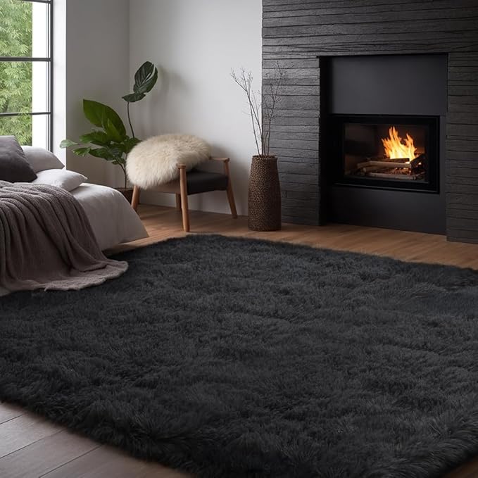 Zentavio Black Area Rugs for Living Room Bedroom 9x12 Large Men Room Carpet Fluffy Furry Shag Aesthetic Plush High Pile Floor Rug for Nursery Kids Room Dorm Home Decor