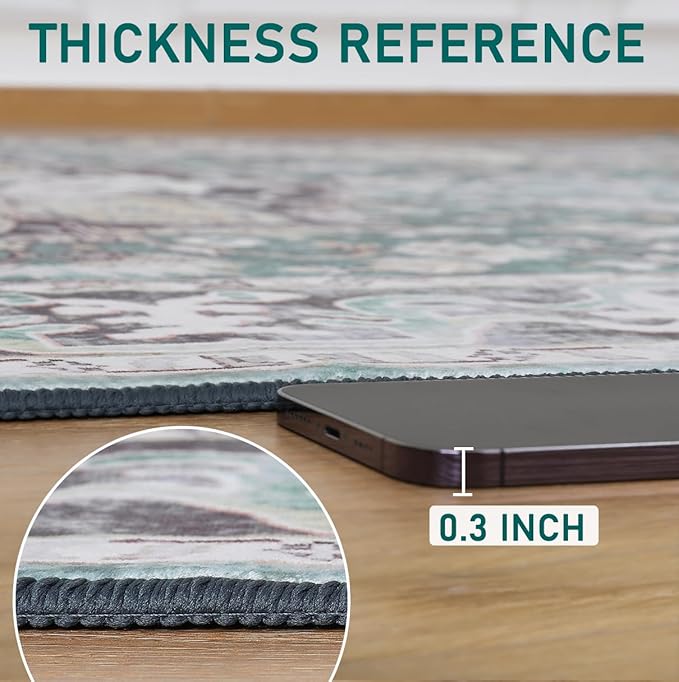 Vitnage Green Rugs, Low Pile Washable Area Rugs, Non-Slip Distressed Rugs for Bedroom, Living Room, Kitchen, Dining Room (Green, 3x5)