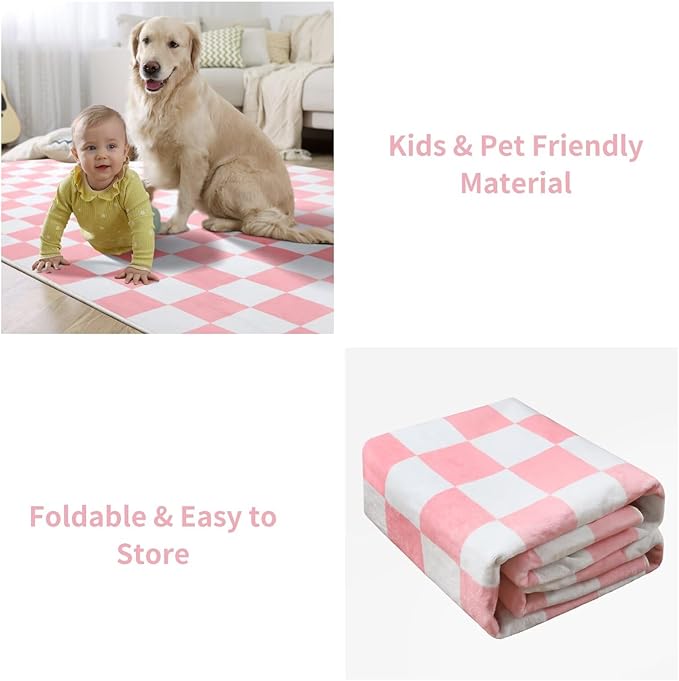 Terrug Pink and White Small Checkered Rug for Bedroom, 2x3 Soft Washable Rug with Non Slip Backing, Low Pile Throw Carpet for Entryway Hallway Kitchen Laundry Room