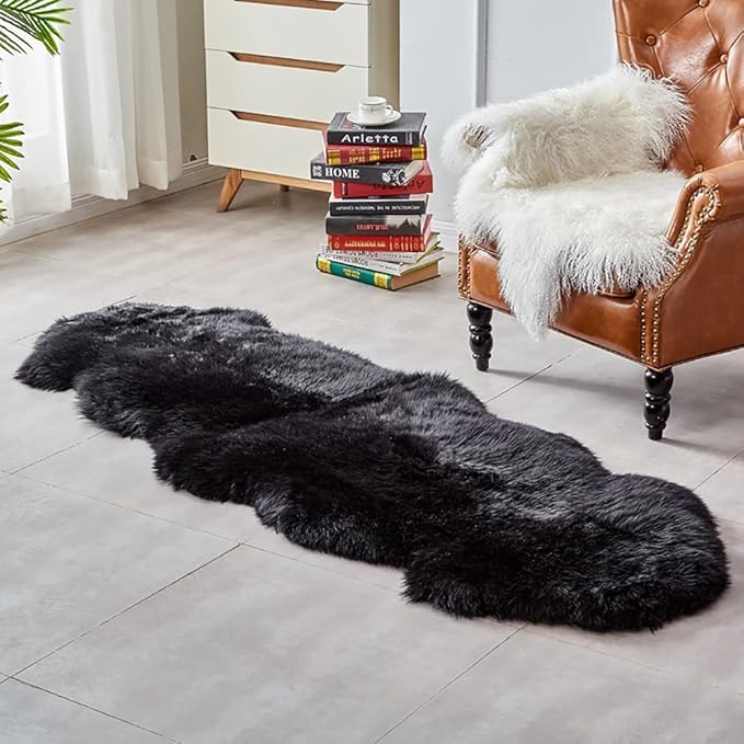 HUAHOO Premium Genuine Sheepskin Rug Black Real Australia Sheepskin Natural Luxury Fluffy Lambskin Fur Area Rug Seat Covers for Kids Bedroom Sofa Chair Cover Pets Dogs Mat Double Pelt/2' x 6' Black
