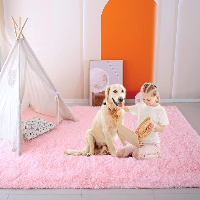 CAIYUECS Light Pink Rug for Bedroom Girls,8x10 Feet Soft Fluffy Shag Area Rugs for Living Room,Large Plush Cute Kids Baby Shaggy Bedside Indoor Floor Carpet for Teen Dorm Room Aesthetic