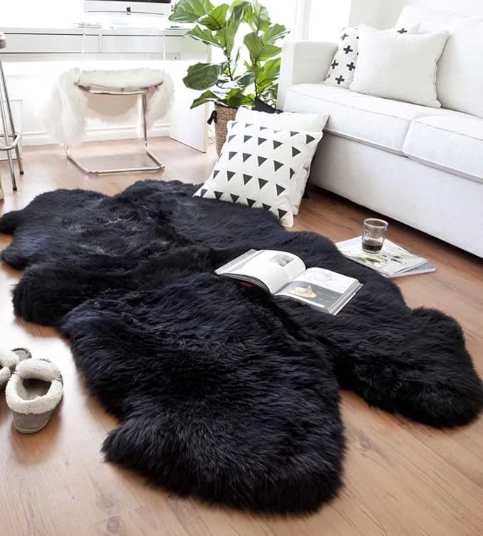 HUAHOO Premium Genuine Sheepskin Rug Black Real Australia Sheepskin Natural Luxury Fluffy Lambskin Fur Area Rug Seat Covers for Kids Bedroom Sofa Chair Cover Pets Dogs Mat Quarto Pelt/4' x 6' Black