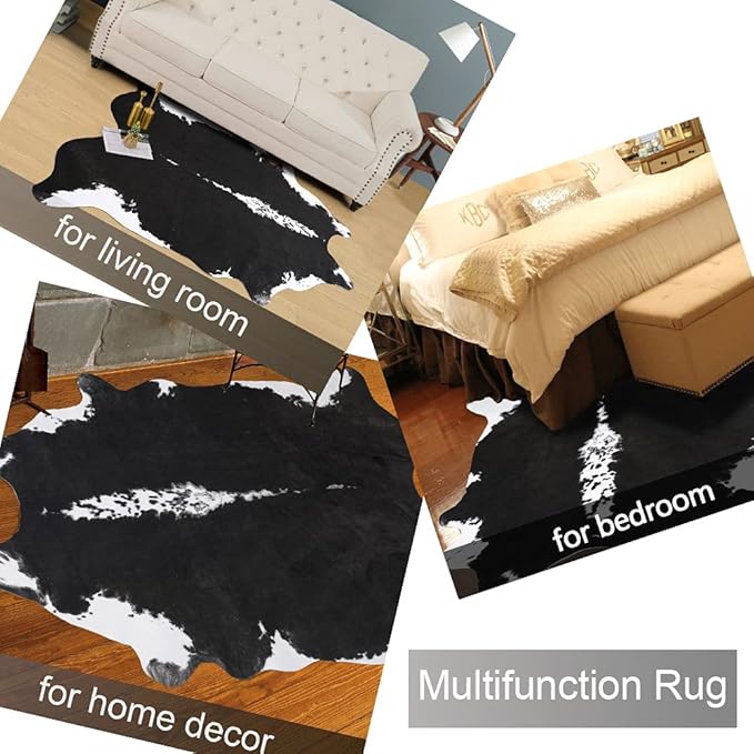 AROGAN 8x10 Feet Faux Cowhide Area Rugs for Living Room, Animal Skins Cow Hide Rug for Bedroom, Cool Western Christmas Decor, Thin Leather Cow Hide Carpets Fireplace Rug, Black