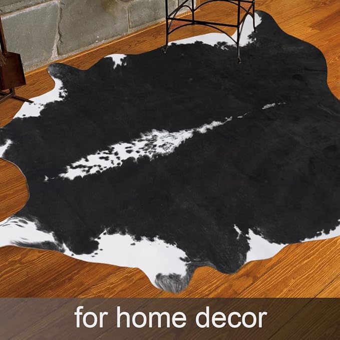 AROGAN 8x10 Feet Faux Cowhide Area Rugs for Living Room, Animal Skins Cow Hide Rug for Bedroom, Cool Western Christmas Decor, Thin Leather Cow Hide Carpets Fireplace Rug, Black