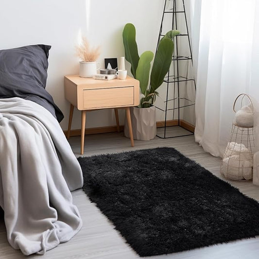 Zentavio Bedside Rugs Small 2x3 Shag Entry Entrance Rugs Soft Bedroom Carpet Area Rugs for Dorm College Essentials Non-Slip Living Room Throw Rug Home Decor Aesthetic Nursery Black