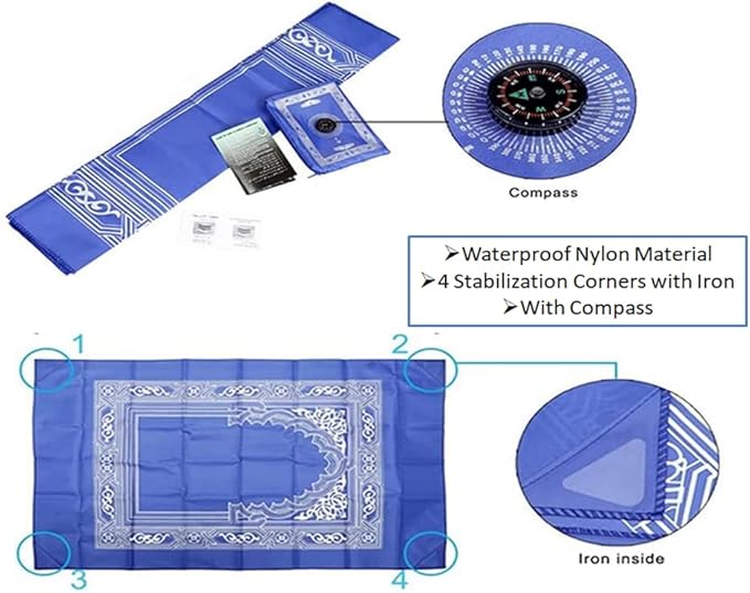 2-Piece Travel Prayer Mat, 60cm*100cm Portable, Waterproof, Compass Design, Green, Blue