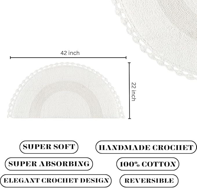 Savi Home Half Circle Bohemian Bathroom Rug with Handwoven Chrochet Border, Beautifully Handcrafted 100% Cotton Mat - 22x42, Round Boho Bedroom Rug, Boho Bathroom Décor, Machine Washable - White