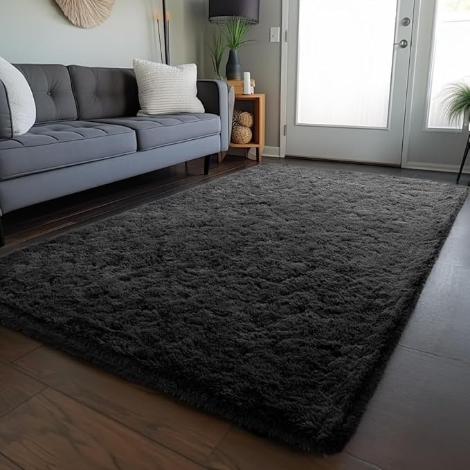 Zentavio Black Area Rugs for Living Room Bedroom 6x9 Large Men Room Carpet Fluffy Furry Shag Aesthetic Plush High Pile Floor Rug for Nursery Kids Room Dorm Home Decor