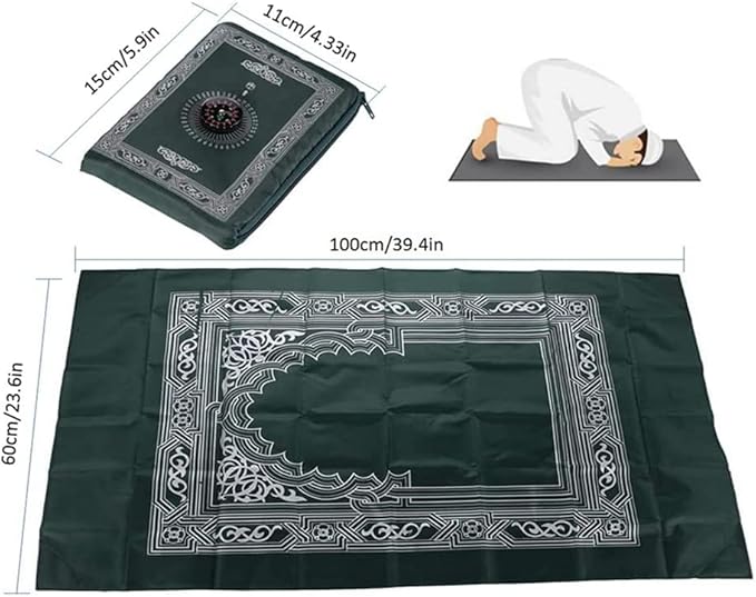 2-Piece Travel Prayer Mat, 60cm*100cm Portable, Waterproof, Compass Design, Green, Blue