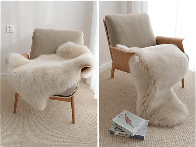 HUAHOO Premium Genuine Sheepskin Rug Linen Real Australia Sheepskin Natural Luxury Fluffy Lambskin Fur Area Rug Seat Covers for Kids Bedroom Sofa Chair Cover Pets Dogs Mat Double Pelt/2' x 6' Linen
