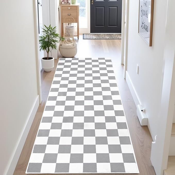 Terrug Grey and White Checkered Runner Rug for Bedroom, 2x6 Soft Washable Rug with Non Slip, Low Pile Stain Resistance Carpet for Entryway Hallway Kitchen Laundry Living Room