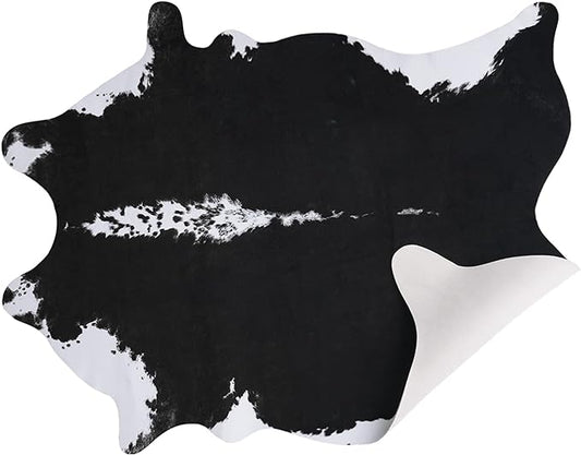 AROGAN 8x10 Feet Faux Cowhide Area Rugs for Living Room, Animal Skins Cow Hide Rug for Bedroom, Cool Western Christmas Decor, Thin Leather Cow Hide Carpets Fireplace Rug, Black