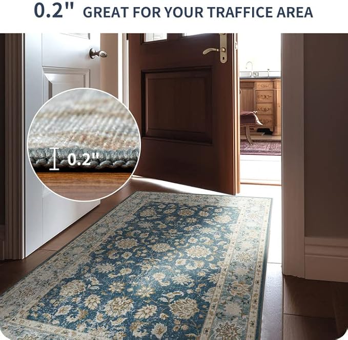 ILANGO Non Slip Runner Rugs for Hallway, 3'x5' Distressed Boho Kitchen Runner Rugs Washable Easy to Clean, Carpet Floor Mat for Indoor Entryway Bedroom Laundry Room(Sapphire)