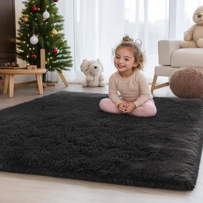 Zentavio Area Rugs for Living Room Small Carpet for Bedroom Black 3x5 Bedside Washable Soft Fluffy Shag Aesthetic Plush High Pile Throw Rug for Nursery Kids Room Dorm Room