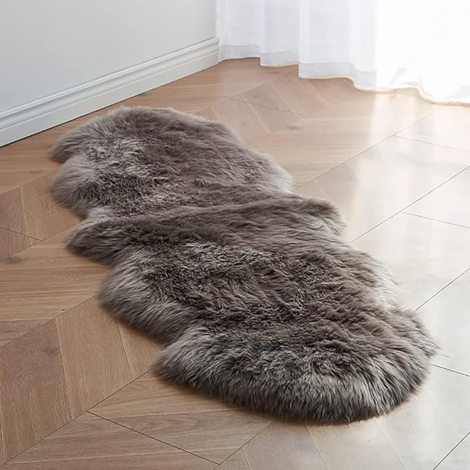 HUAHOO Premium Genuine Sheepskin Rug Real Australia Sheepskin Natural Lambskin Fur Area Rug Seat Covers for Kids Bedroom Sofa Chair Cover Pets Dogs Mat Double Pelt/2' x 3' Mushroom