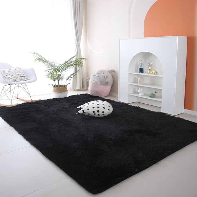CAIYUECS Shag Area Rug,Indoor Ultra Soft Fluffy Plush Rugs for Bedroom Living Room, Non-Skid Modern Nursery Faux Fur Rugs for Kids Room Home Decor (5x7 Feet, Black)