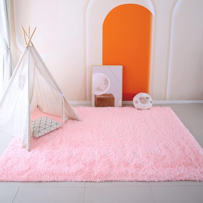 CAIYUECS Pink Area Rug for Girls Bedroom,Fluffy Shag Rugs for Living Room, 4x6 Feet Non-Slip Modern Furry Faux Fur Rugs for Nursery Kids Room,Fuzzy Plush Rug for Dorm Home Decor