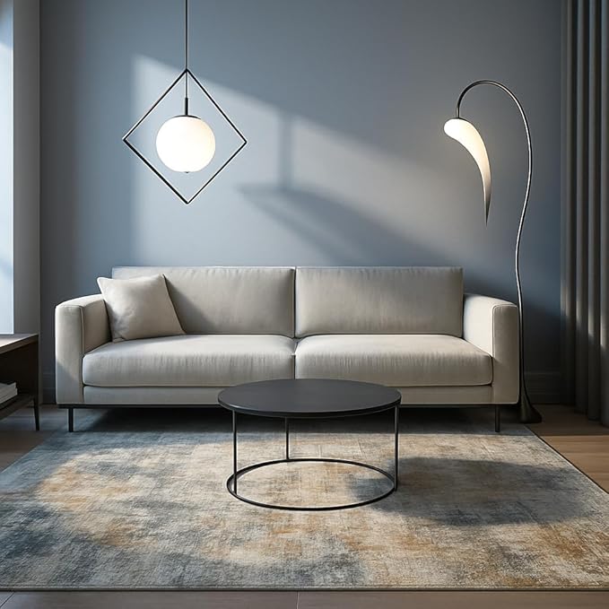 Washable 5X7 Area Rug for Living Room - Soft Grey Multi Modern Abstract Rugs for Bedroom, Kids Playroom, and Home Office Decor - Non-Slip, Ultra-Thin, and Super Strong