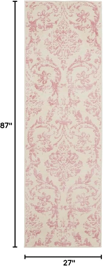 Nourison Jubilant Damask Ivory/Pink 2'3'' x 7'3'' Area-Rug, Easy-Cleaning, Non Shedding, Bed Room, Living Room, Dining Room, Kitchen (2x7)