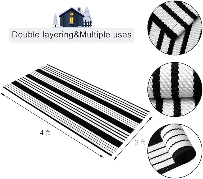 OJIA Cotton Black and White Striped Rug 2x4 Hand-Woven Indoor/Outdoor Area Rug Layered Door Mats for Front Porch/Entryway/Laundry Room/Bedroom/Outdoor