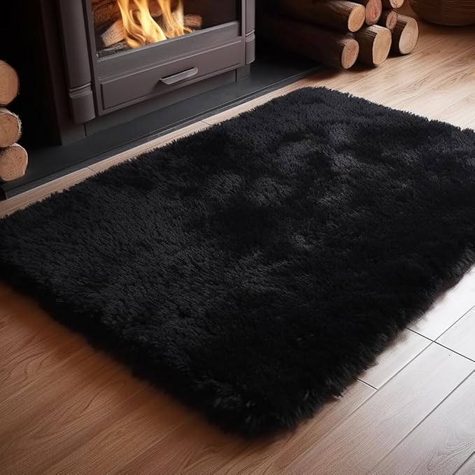 Zentavio Area Rugs for Living Room Small Carpet for Bedroom Black 3x5 Bedside Washable Soft Fluffy Shag Aesthetic Plush High Pile Throw Rug for Nursery Kids Room Dorm Room