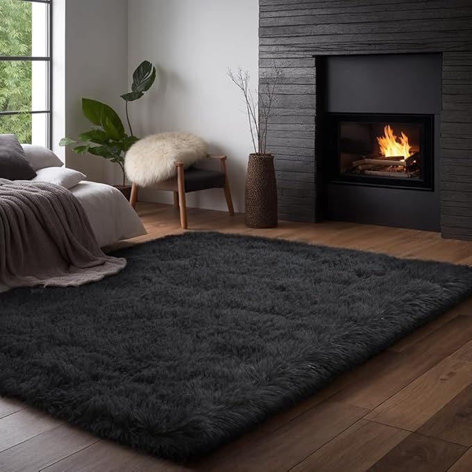 Zentavio 8x10 Black Area Rugs for Living Room Clearance Bedroom Large Men Room Carpet Fluffy Furry Shag Aesthetic Plush High Pile Floor Rug for Nursery Kids Room Dorm Home Decor