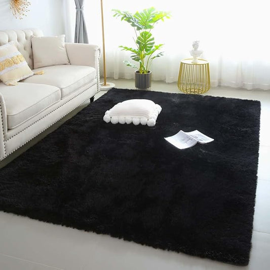 6x9 Black Fluffy Shag Rug for Bedroom Living Room, Ultra Soft Plush Fuzzy Washable Floor Non Slip Cozy Large Area Rug for College Dorm, Modern Comfy Shaggy Carpet for Kids Baby Nursery