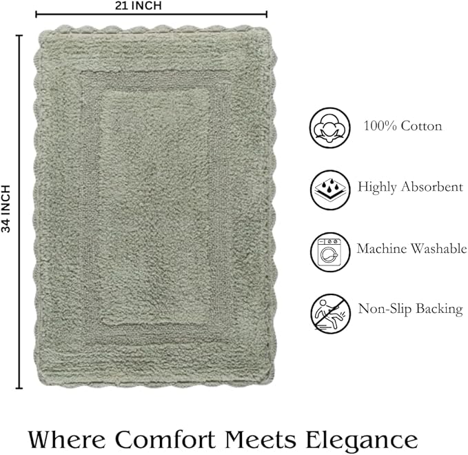 Cotton Crochet Bathmat with Antiskid 21x34 Sage Green, 100% Pure Cotton, Super Soft White, Plush & Absorbent, Hand Tufted Heavy Weight Construction, Full Reversible Step Out Rugs
