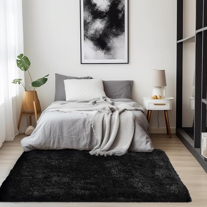 Zentavio Black Area Rugs for Living Room Bedroom 5x8 Large Men Room Carpet Fluffy Furry Shag Aesthetic Plush High Pile Floor Rug for Nursery Kids Room Dorm Home Decor