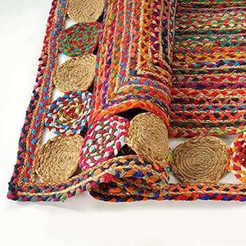 GRUHUM Jute Cotton Area Rug 8x10ft -Natural Multicolour Handwoven Boho Chindi Farmhouse Soft Braided Rustic Vintage Eco Friendly Rug for Indoor Kitchen Bedroom Living Room Hallways Enterways 8x10ft
