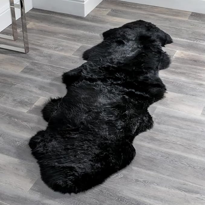 HUAHOO Premium Genuine Sheepskin Rug Black Real Australia Sheepskin Natural Luxury Fluffy Lambskin Fur Area Rug Seat Covers for Kids Bedroom Sofa Chair Cover Pets Dogs Mat Double Pelt/2' x 6' Black